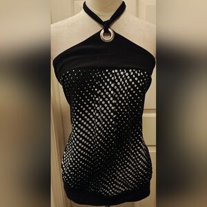 Y2K Plus Size Eyelash Psychedelic Polka Dot Halter Top w Silver Ring Detail.